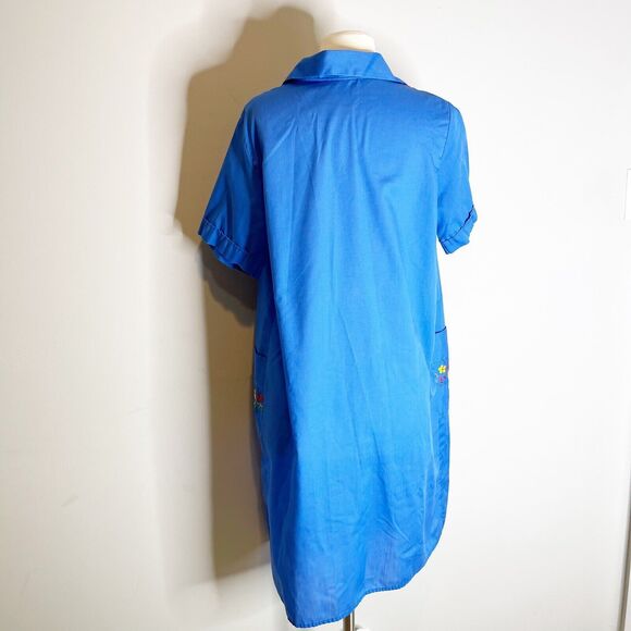Vintage 70s 80s Artistic Creation Size Medium House Dress Blue Floral Embroidery - Picture 6 of 16